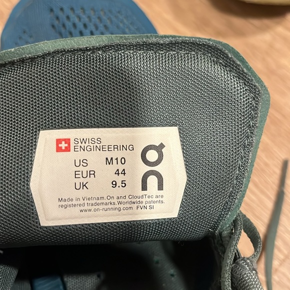 On Running Blue and Green Athletic Shoes with Cloud Cushioning - Picture 4 of 6